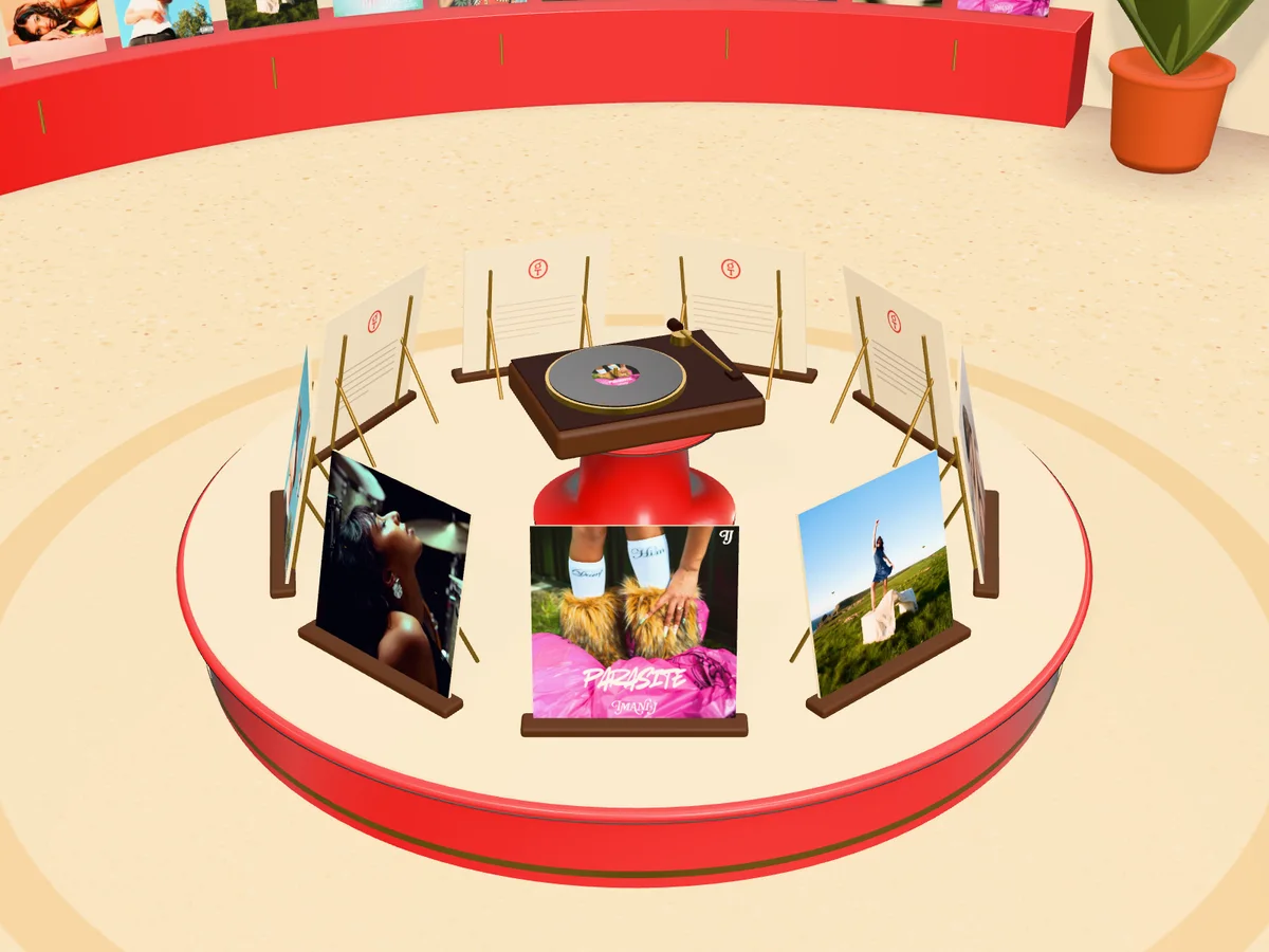Inside the house: the latest record from each artist on a red rotunda around a turntable