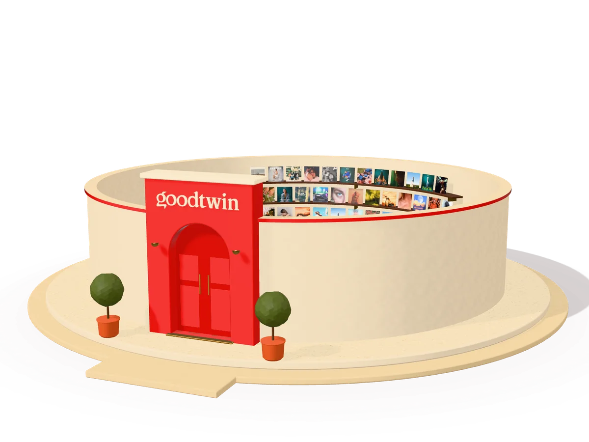 The goodtwin house: a round cream pavilion with a red arched doorway and the goodtwin wordmark